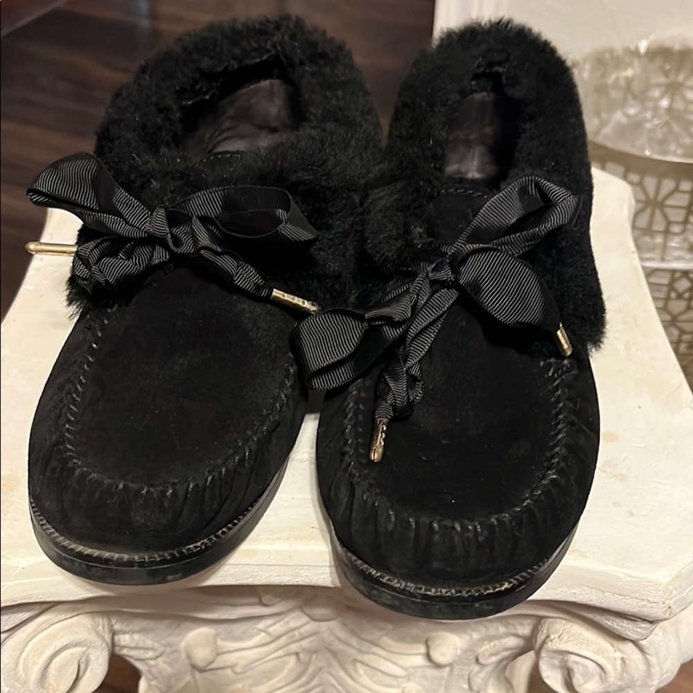 Tory Burch Black Fur Moccasins with Ribbon Detail